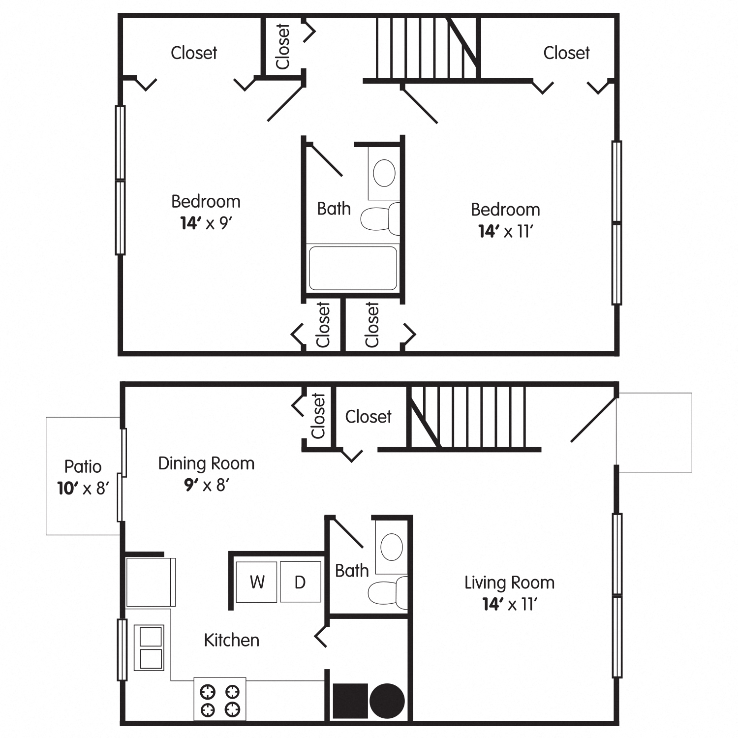 Floor plan for 2 beds, 1.5 baths, 915 sqft